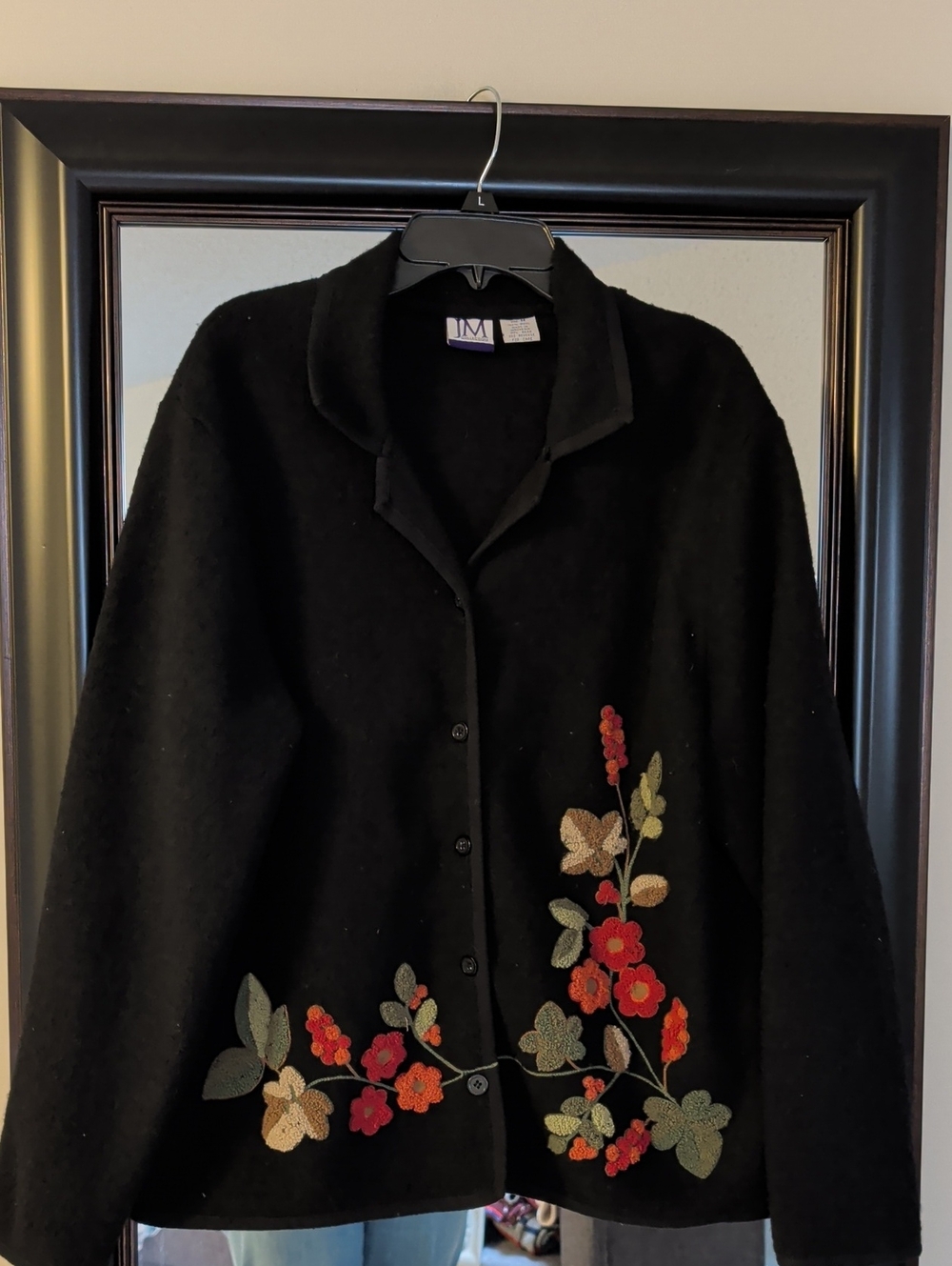 JM Collection Vintage 100% Wool Black Floral Embroidered Button Front Cardigan